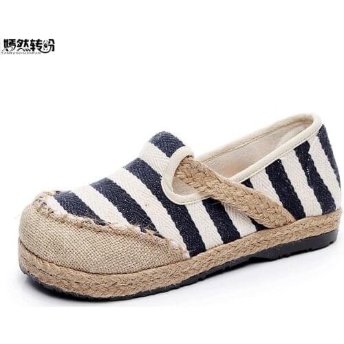 New Women Striped Flats Patchwork Linen Shoes Woman Hemp Slip On Shoes Travel Walk Shoes Casual Flats Plus Size 44