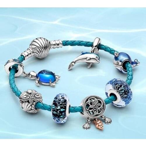 100% S925 Sterling Silver Summer Ocean Series Blue Secret Fish Starfish Turtle Glass Shell Leather Fashion Pan Bracelet Female