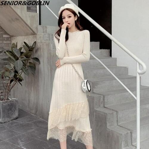 Long Sweater Women Spring And Autumn 2020 New Korean Style O Neck Loose Dress Winter Retro Lace Knitted Pullover Dresses