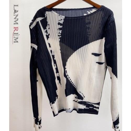 LANMREM Women New Pleated Print Top T-shirt Round Neck Long Sleeve Stitching Color Loose Fit Fashion Tide Summer 2021 2H173