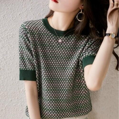 2021 Summer Plaid Women Sweater O collar Knitted pullove Short sleeve Loose Summer tops Female Casual Thin Jumper