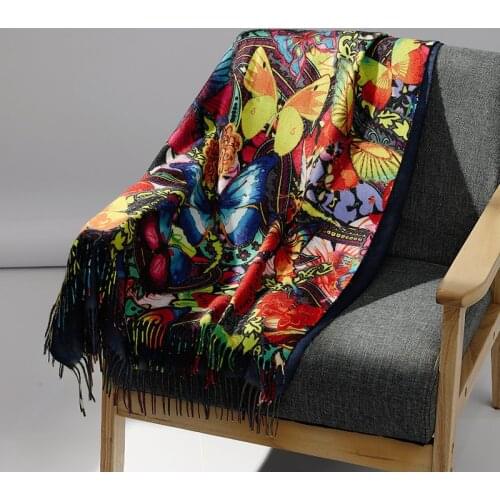 Women Winter Scarf Butterfly Print Kashmir Cashmere Shawls Luxury Model Feeling Pashmina Wraps New Foulard Scarves with Tassels