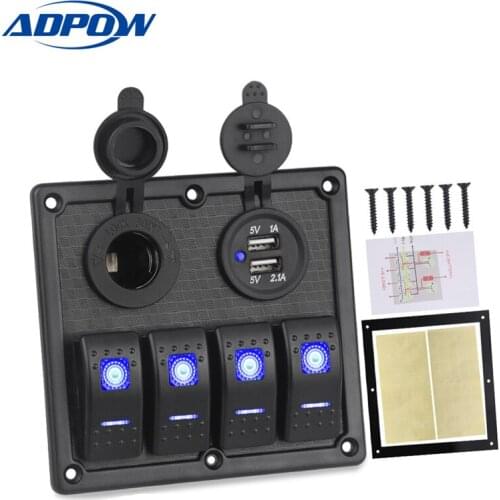 4 Gang Boat Rocker Switch Panel Dual USB Cigarette Lighter Socket Car Switch Panel LED Switch USB Marine Switch Panel