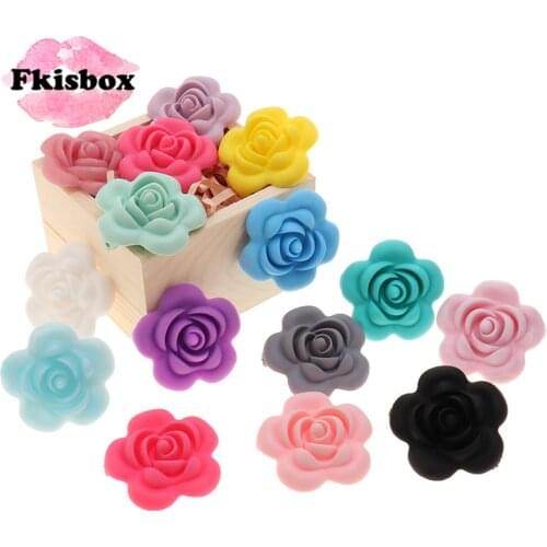 Fkisbox 10pcs Silicone Rose Baby Teether Beads BPA Free Flower Pearl Teething Jewelry DIY Pacifier Chain Charming Nursing Toys