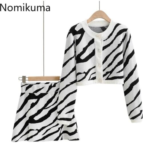 Nomikuma 2020 New Zebra Striped Sweater Suits Short O-neck Knitted Cardigan Coat + High Waist Mini Skirt Korean Sets 6C759