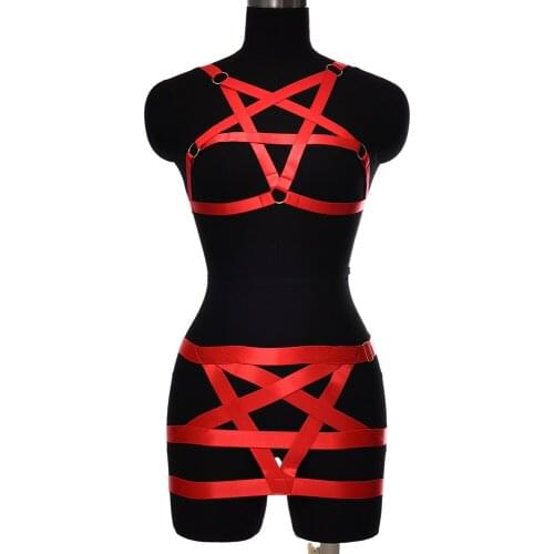 Red Sexy Lingerie Bondage Underwear Pentagram Body Harness Set Belt Rave Wear Body Cage Bra Adjust Pentagram Harness Panties