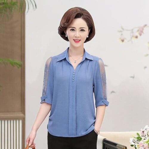 Fashion Summer Chiffon Women Lace Splice Shirts Woemn Elegant Lapel Blouses Loose Ladies Korean Blusas Tops MM1078