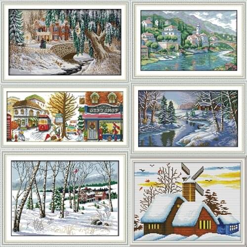 Winter Villages Cross Stitch Kits 14ct 11ct Count Print Canvas DIY Crafts Needlework Embroidery Patterns Cross Stitch Package
