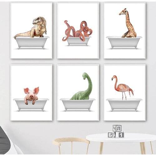 Funny Animals Bathe Dinosaur Giraffe Flamingo Wall Art Canvas Painting Nordic Posters And Prints Wall Pictures Kids Room Decor