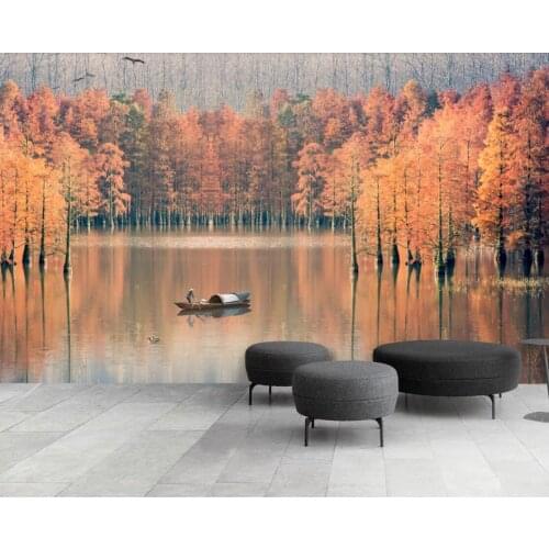 Original Forest View Wallpaper Art Wall Mural Painting Contact Paper Roll 3d Photo Wallpaper Lake Boat Luxury Home Decor