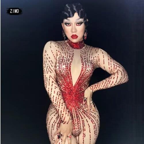 Rhinestone long sleeve Jumpsuit women red Sexy Stretch Skinny Party club Jazz Singer designer Costumes Dance bar birthday star