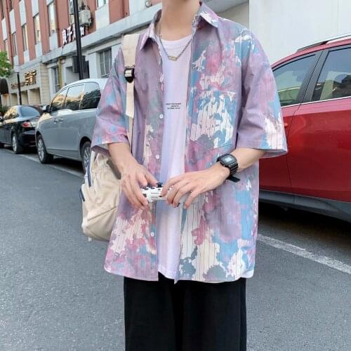 Ice silk shirt mens stretch short-sleeved shirt summer thin Hawaiian flower shirt Japanese trendy handsome jacket