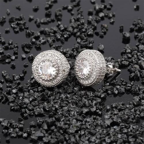 S925 Hip Hop Punk Earring Round Shiny Full Crystal Stud Earrings Silver Color 3A Cubic Zirconia For Woman and Men