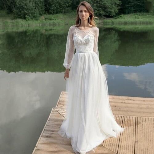 Boho Wedding Dress Polka-Dot A-Line O-Neck Full Sleeve Appliques Beads Pearls Backless Floor Length Sweep Train Bride Gown New