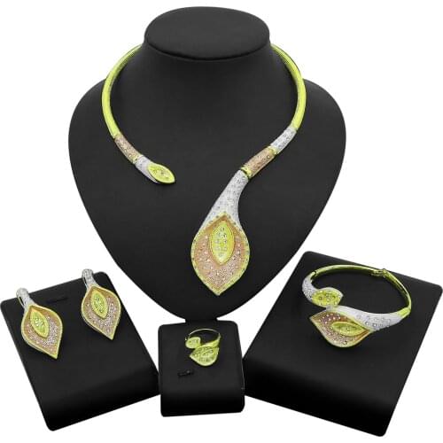 Yulaili High Quality Big Leaf Shape Necklace Stud Earrings Bracelet Ring Dubai Gold Jewelry Set For Women Party Accessories