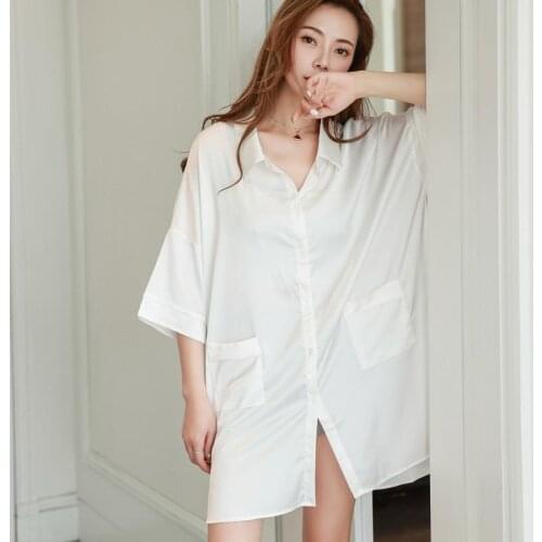 Women Satin Sleep Dress Nightwear Loose Night Shirt Home Dressing Gown White Sleepwear Casual Sleepshirt Half Sleeve Homewear