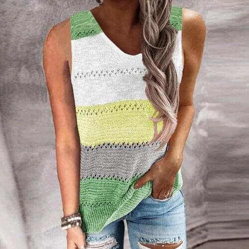 2021 Summer Stripe Patchwork Knitted Blouse Shirt Women Sexy V-neck Sleeveless Vest Tops Casual Loose Blusas Pullover Plus Size