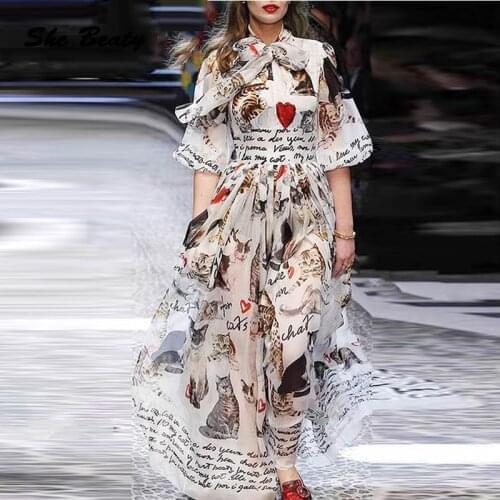 She Beaty Runway 2021 Summer Maxi Dress Women Lace Up Cat Letters Printed Designer Brand High Street Chifron Party Chic Dresses