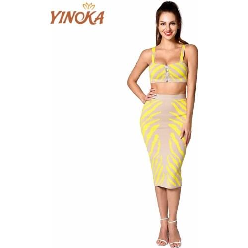 Yinoka women bodycon bandage dresses party two piece yellow striped sexy night clubwear celebrity trending fashion dress