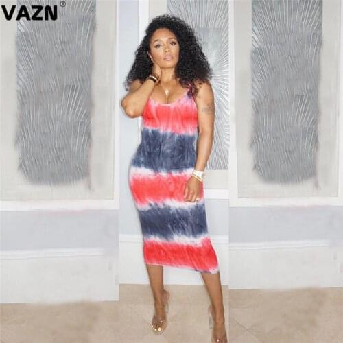 VAZN Hot sale 2020 summer sexy lady yellow deep blue striped mid-calf dress spaghetti strap sheath dress elegant daily new dress