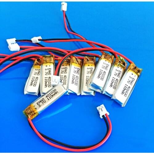 10 pcs 3.7V 110mAh 401030 JST 2.0mm lithium li-polymer ion rechargeable battery for MP3 MP4 GPS bluetooth headset video pen