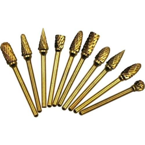 10 Pieces Set 6*3mm Titanium Double Groove Burr Router Drill Bits Tungsten Steel Carbide Rotary File Electric Grinder Tools