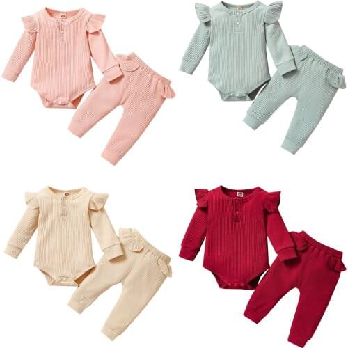 0-24M Infant Baby Girls Boys 2pcs Clothes Sets Solid Ruffles Knit Long Sleeve Romper Tops Trousers Pants