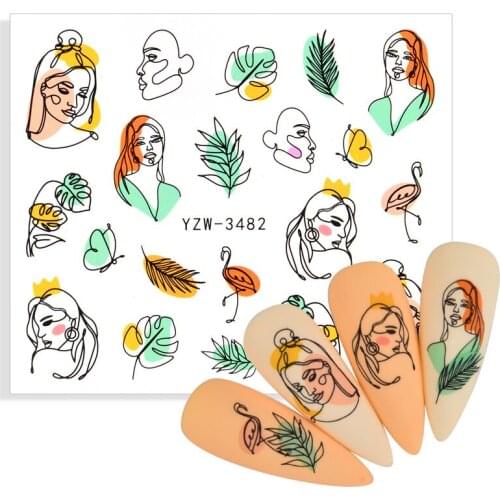 2021 Fashion Stick Figure Women Face Watermark Nail Sticker Abstract Lady Face Sliders Paper Nail Art Decor Decals