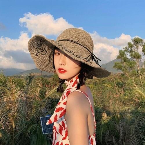 65% Dropshipping!!Women Beach Hat Letter Bowknot Foldable Straw Hat Wide Brim Sunscreen Sun Hat