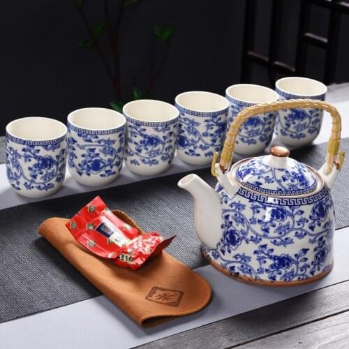 7 Pieces Blue and white Retro Ceramic Tea Set bird flower design With Metal Holder Porcelain Tea Cups Set and Teapot