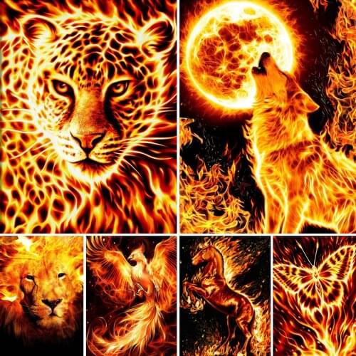 5D DIY Diamond Painting Flame Animals Lion Wolf Cross Stitch Kit Full Drill Embroidery Mosaic Art Picture of Rhinestones Sale
