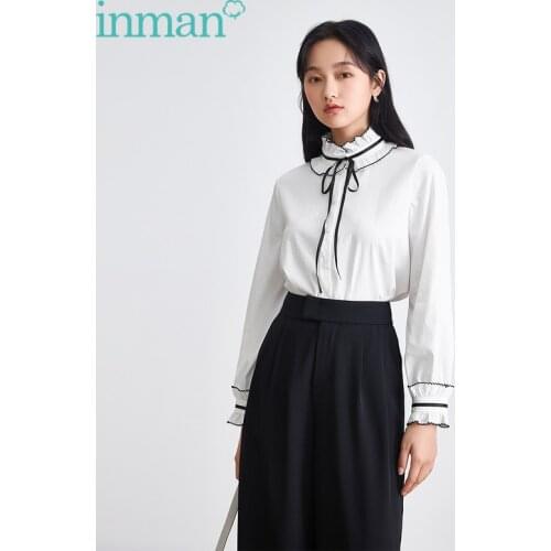 INMAN Autumn Spring Females Top Sweet Romantic Stand Collar Color Constrast Bow-Knot Tether Design White Womens Blouse