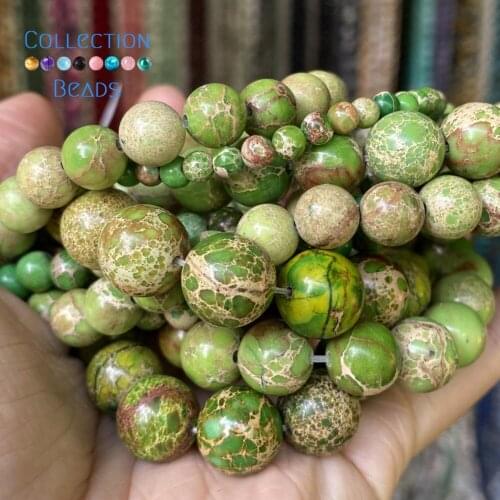 Natural Green Sea Sediment Jaspers Stone Spacer Loose Round Beads For Jewelry Making 4-12 mm Diy Bracelets Accessories 15"