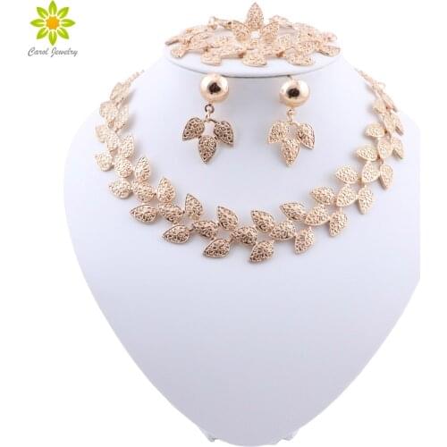 Fashion Jewelry Sets For Women Leaves Shape Necklace Earrings Bracelet Ring Gold Color Classic Wedding Dress Accessories
