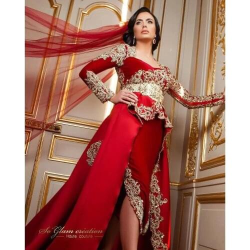 Red Moroccan Kaftan Caftan Muslim Evening Dresses A-line V-neck Appliques Pearls Dubai Arabic Turkey Abaya Islamic Evening Gown