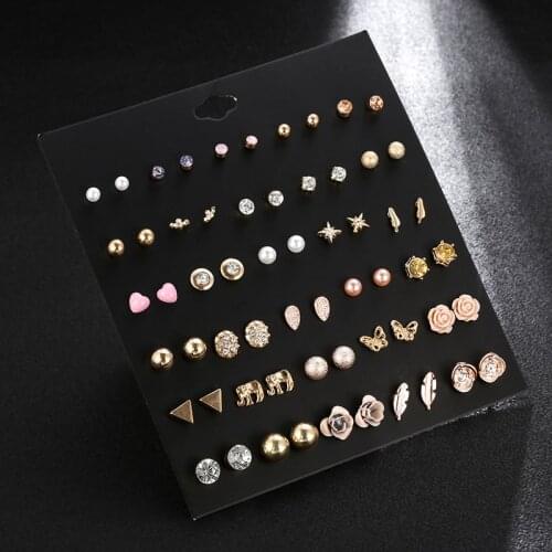 30 Pairs/Set Classic Womens Geometric Heart-Shaped Pearl For Women Girl Gifts Crystal Stud Earring Sets Mix Jewelry