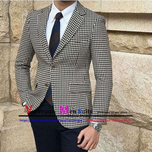 New Formal Black Peaked Lapel Houndstooth Men Suits For Business Wedding Dinner Prom Tuxedos Groomsman Work Wear Custom Blazer