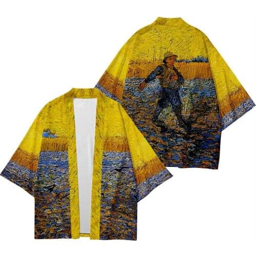 Autumn Cross-border Crane Printing Shirt Three-quarter Sleeve Kimono Cardigan Loose Large Size National Style Mens Jacket