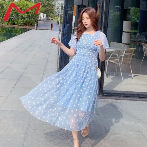Sweet Small Daisy Dress Women Summer 2021 Korean Puff Sleeve Off-shoulder Elegant Midi Dress Holiday Mesh Beach Dresses