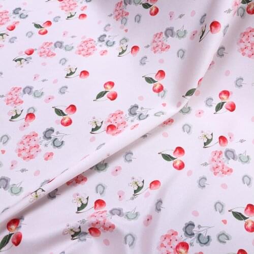 1 Meter Fruits Printing Fresh Natural Silk Fabric Red Cherry Summer Printing Stretch Satin Mulberry Dress Diy