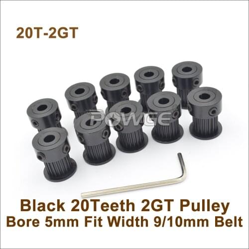 POWGE Black Anodizing 20 Teeth 2GT Synchronous Pulley Bore 5mm For W=9/10mm 2MGT Open Timing Belt 20T 20Teeth GT2 Pulley 20-2GT