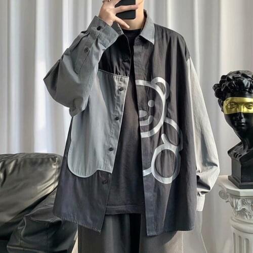 Summer Loose Bear Shirts Men Casual Hip Hop Long Sleeve Slim Fit Patchwork Shirts Autumn Fashion Funny High Street Tops Male
