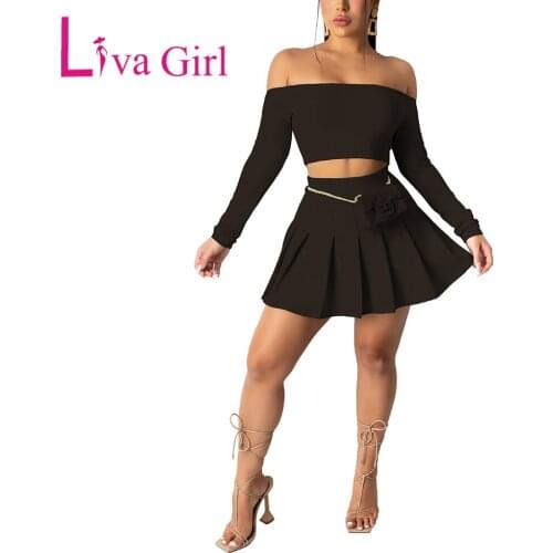 LIVA GIRL Woman Sexy Color Strapless Pleated Skirt Suit without bag Female Off Shoulder Long Sleeve Tops Solid Mini Skirt Set