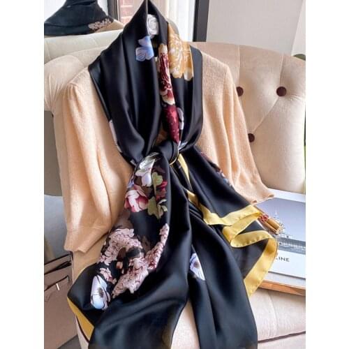 Summer Autumn Winter Womens Long Retro Flower Silk Shawl Wrap Shawl Keep Warm Outdoor Beach Ladies Scarf Hijab Luxury Foulard