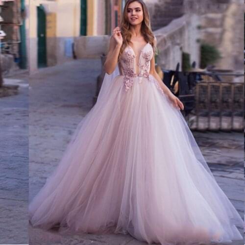 Boho Wedding Dress 2021 3D Flowers Light Purple Beach Bride Dresses Backless Puff Tulle Wedding Gowns Long Train Floor Length