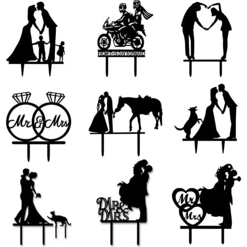 Acrylic Hollow Wedding Cake Toppers Valentines Day Cupcake Topper for Wedding Party Decoration Bride Groom Mr/Mrs Cake Toppers