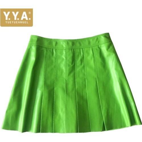 Street Women Green Real Leather Mini Pleated Skirts Sexy Sweet High Waist A-Line Short Skirt Autumn Winter Sheepskin Skirts