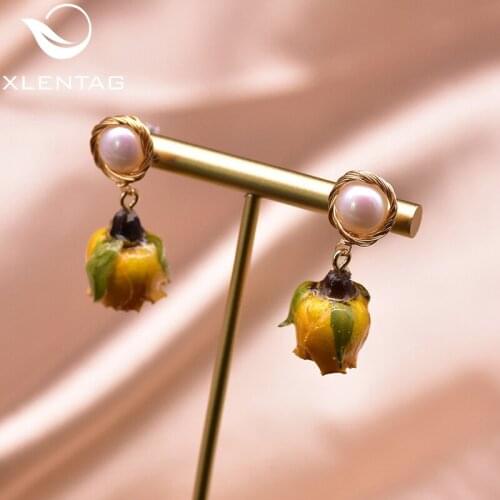 XlentAg Natural High Quality Pearl Yellow Rose Flower Drop Earrings Women Engagement Fine Gifts Earings Vintage Jewrlry GE0930B