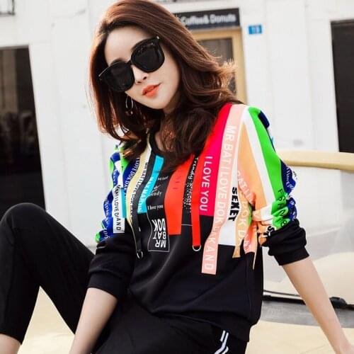 Sweat Femme Japanese Streetwear Graphic Striped Tee 2020 Spring Ribbons Screwneck Top for Teen Girl Long Sleeve Print XC018