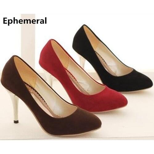 Lady Elegant Big Size 34-47 high Quality Pointed Toe Shoes Nubuck Upper Leather In Spring Flock Red Black/Brown Thin Heels